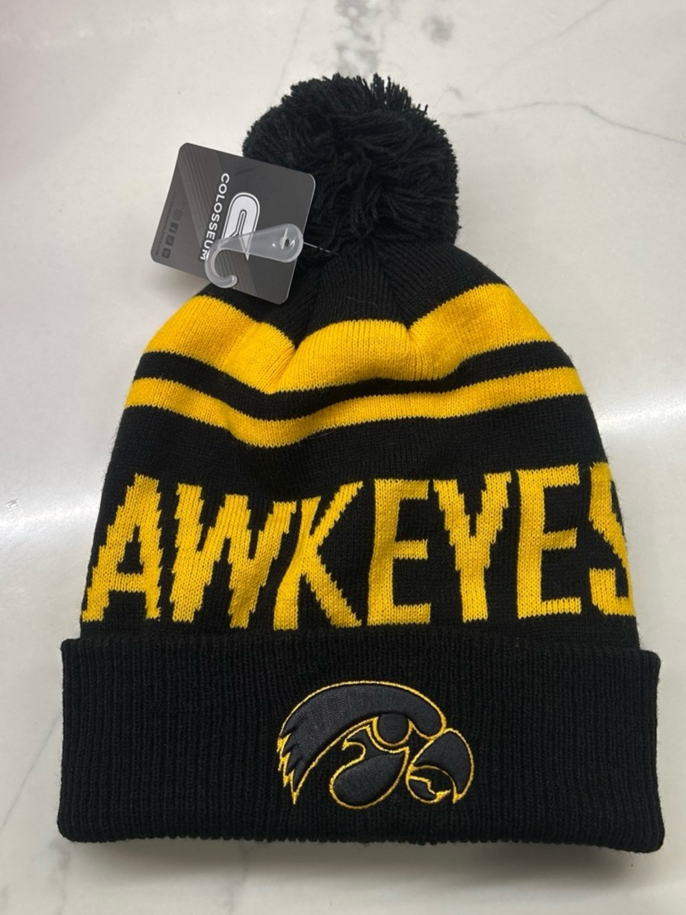 Colosseum Black and Yellow Hawkeyes Pom Beanie